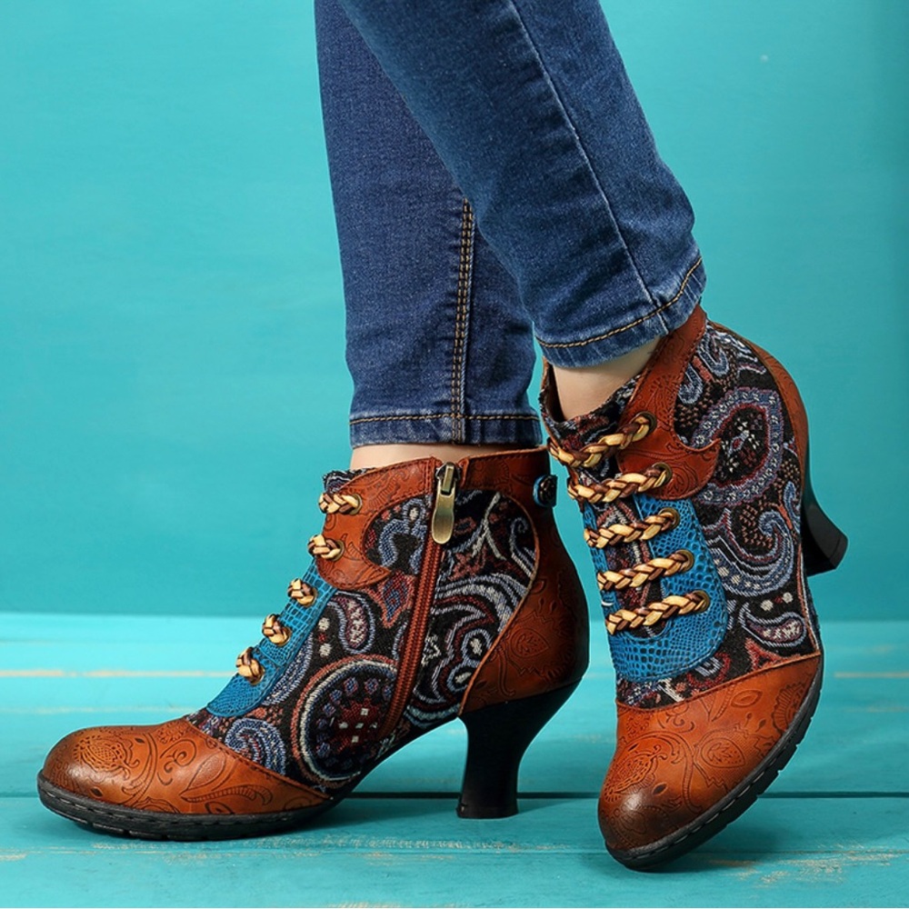 Socofy Bohemian Slicing Pattern side Zipper lace up ankle leather boots.